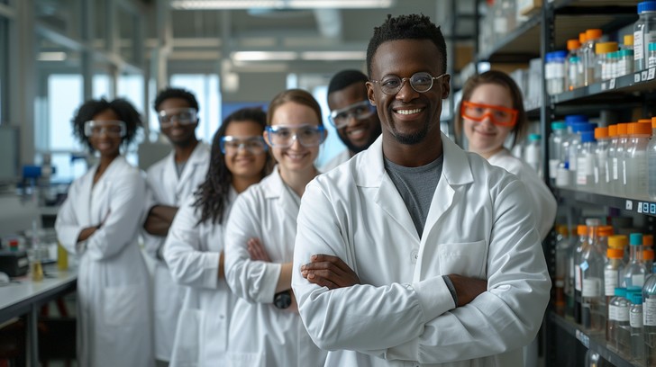 Group laboratory scientists examining hi-res stock 